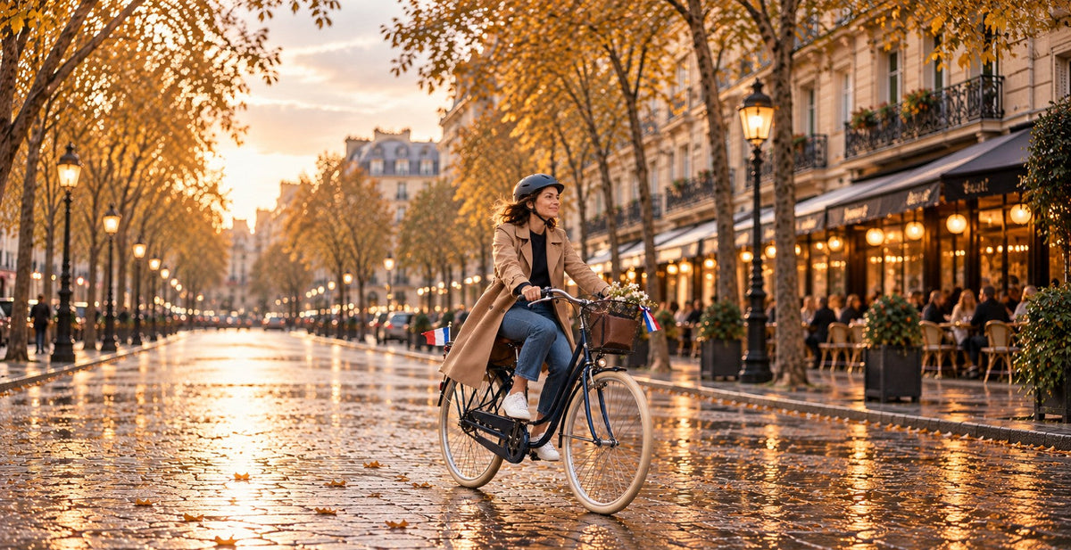 Cycliste sur un boulevard parisien en automne, petit fanion tricolore sur le porte-bagages