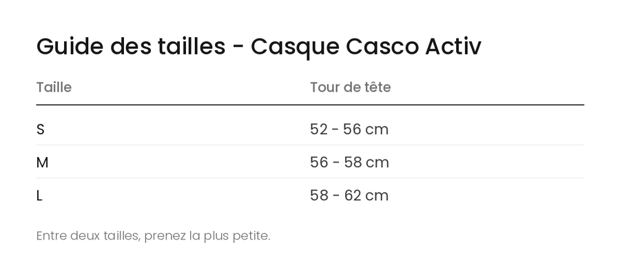 Guide des tailles - Casque Casco Activ