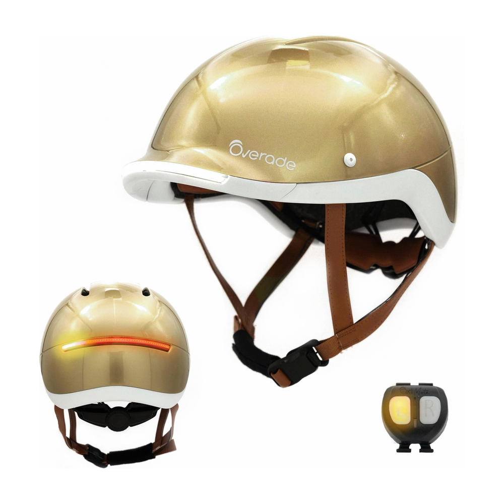 Casque Overade Life Pure Gold de trois quarts et de face avec sa telecommande