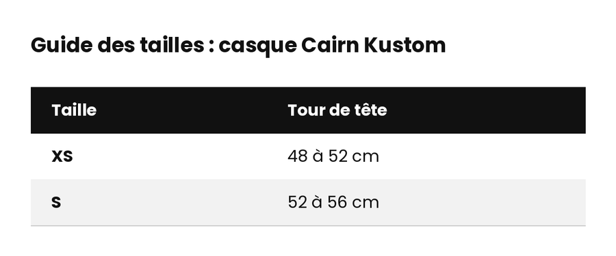 Guide des tailles Casque vélo enfant Cairn Kustom