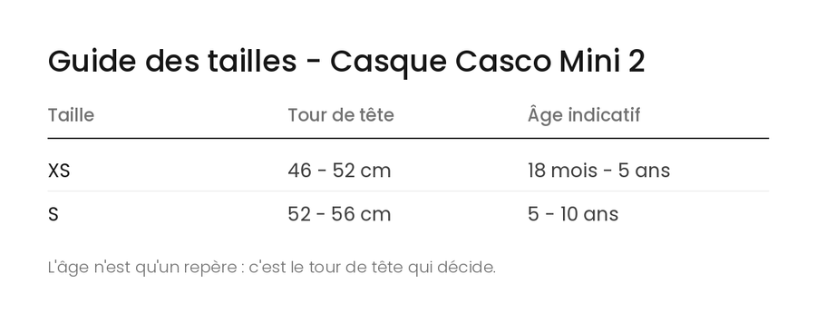Guide des tailles - Casque Casco Mini 2