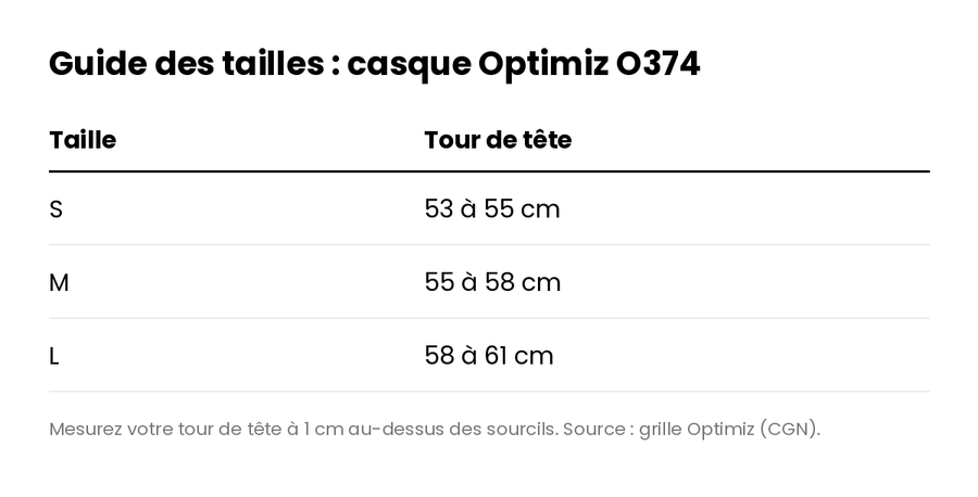 Casque vélo urbain Optimiz O374 à éclairage - guide des tailles