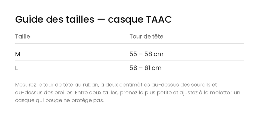Guide des tailles — casque TAAC