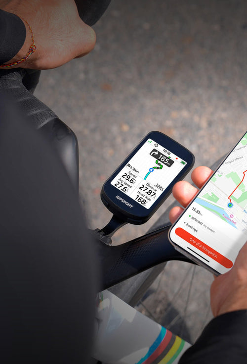 Compteur vélo GPS iGPSPORT BSC200 Pro en navigation sur le cintre, itinéraire sur l'application