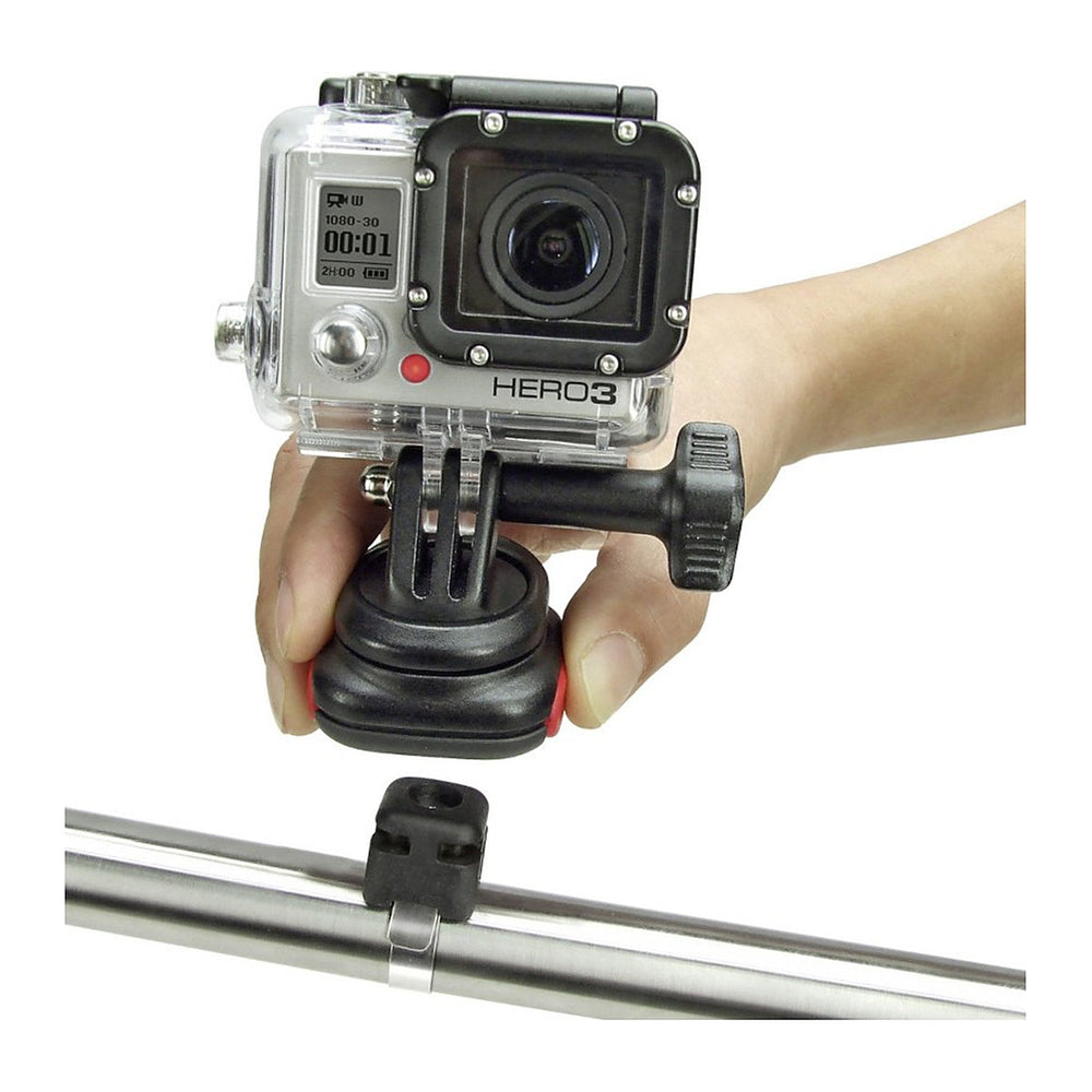 Fixation caméra GoPro pour vélo KlickFix CamOn – Set CamOn : adaptateur + 2 MiniBlocs + plaque GP – la camera fixee sur un tube de cadre