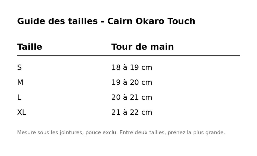 Gants vélo tactiles cuir Cairn Okaro Touch guide des tailles