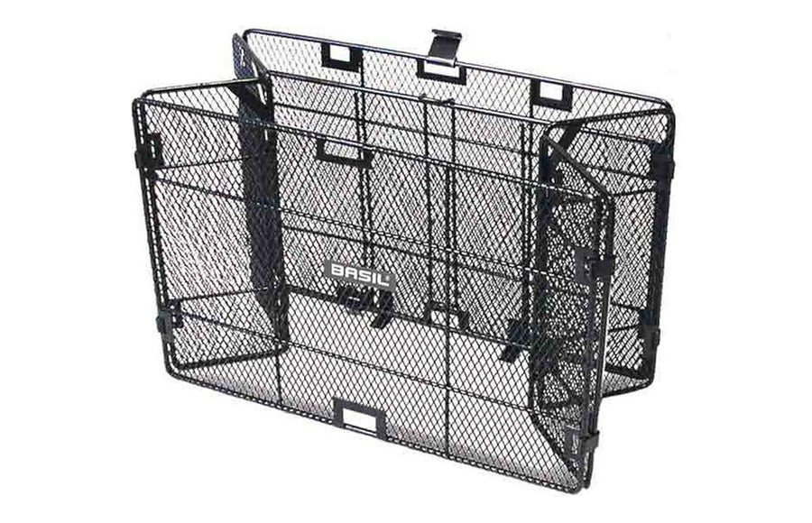Panier arrière pliable vélo Basil Catania en acier - le panier noir deplie sur fond blanc
