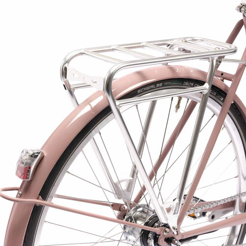 Porte-bagage arrière Pelago Cargo Rack poli avec plaque d'éclairage, vu de l'arrière
