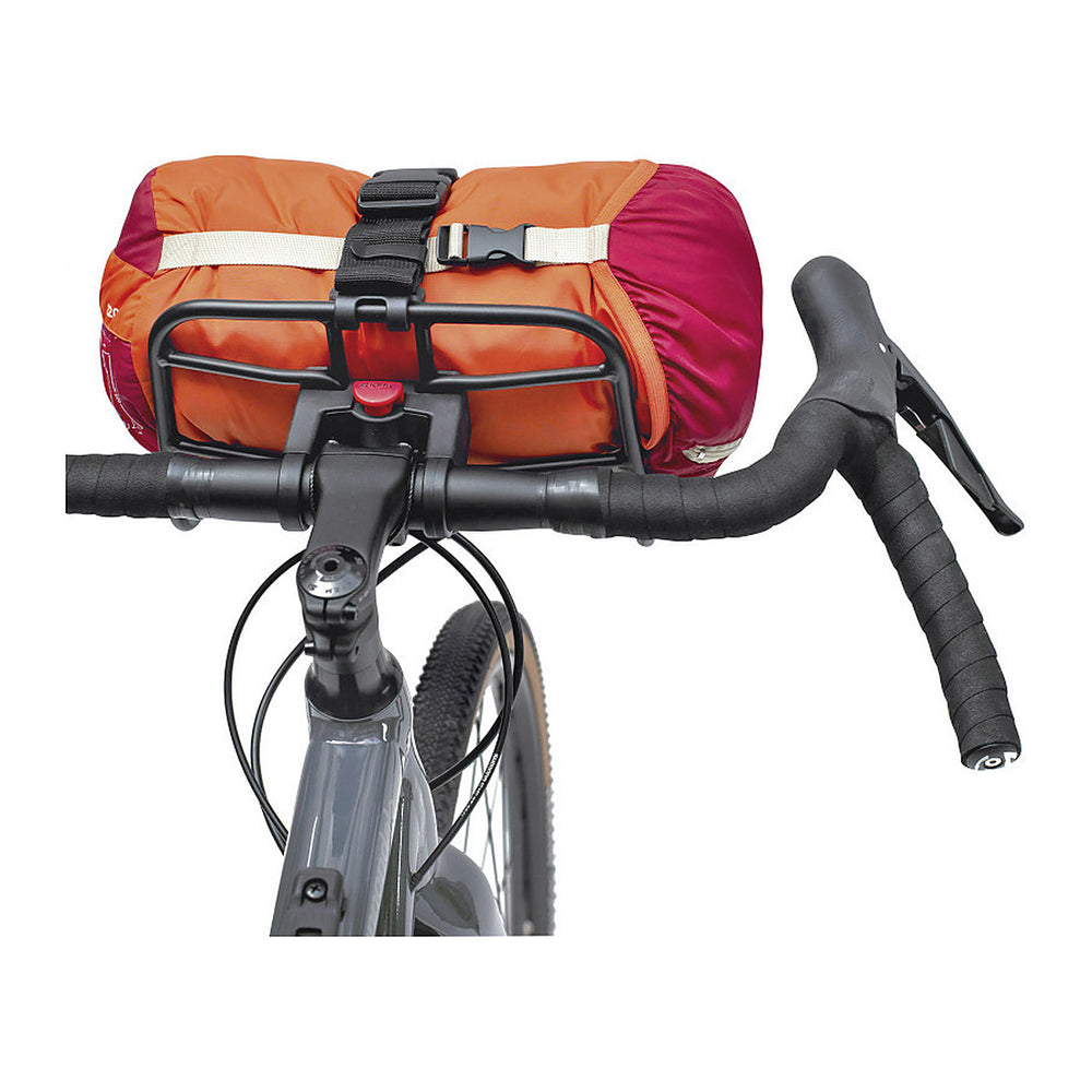 Porte-bagages vélo KlickFix Vario Rack, Rackpacker et Freerack – Vario Rack Sport avant, sur support de guidon – un sac de bikepacking sangle sur le Vario Rack Sport