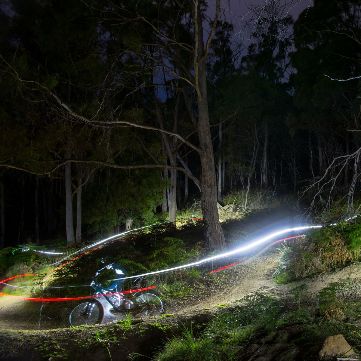 Traînée de lumière d'un éclairage vélo Ravemen sur un sentier de nuit