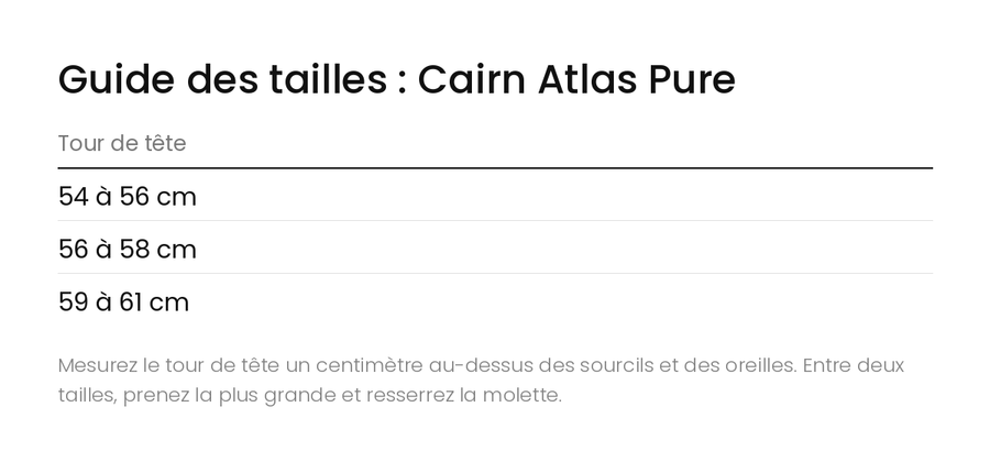 Guide des tailles Casque Ski Cairn Atlas Pure
