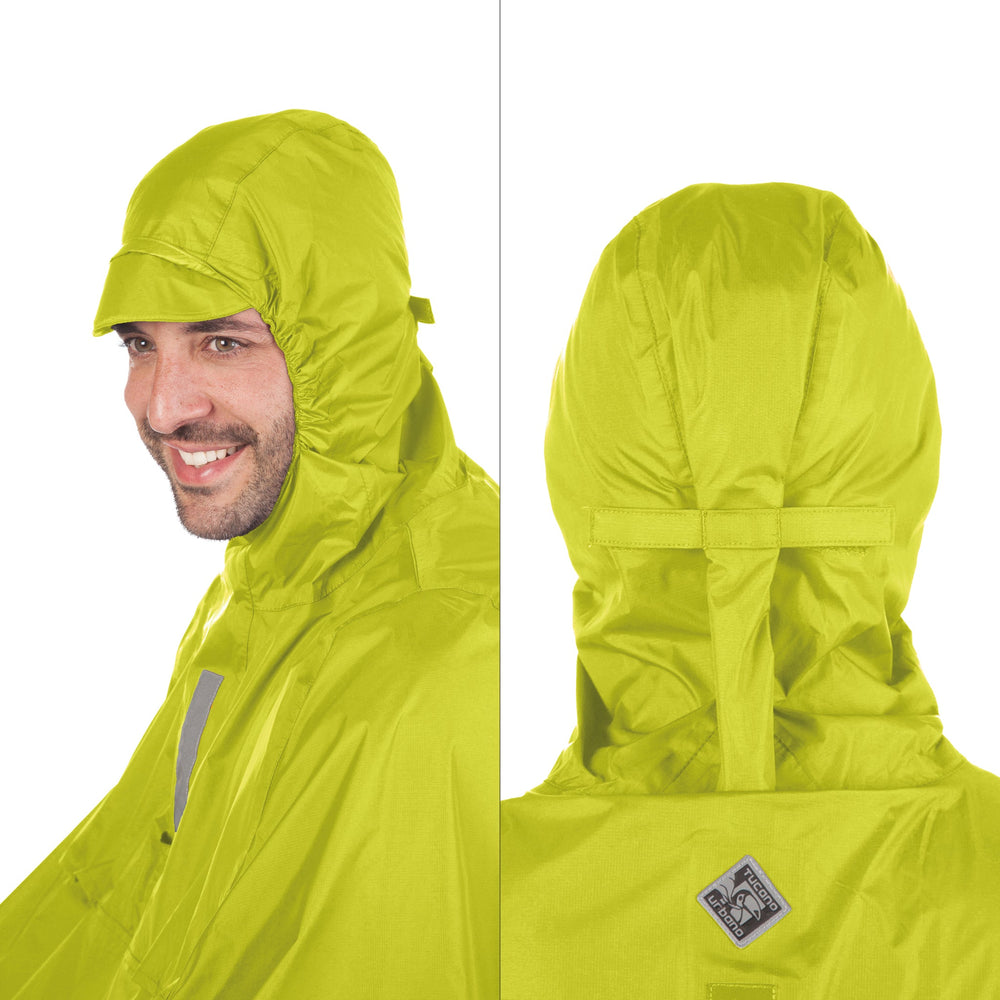 Capuche ergonomique de la cape Garibaldina 2G jaune fluo, de face et de dos