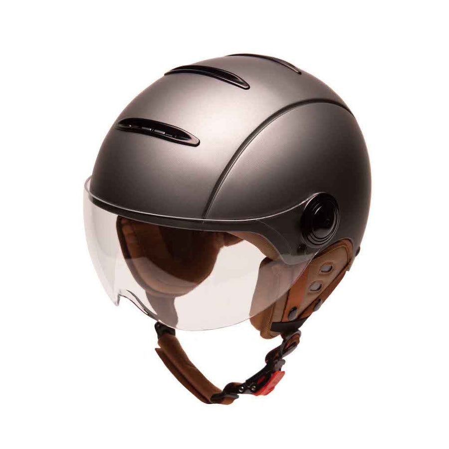 Casque Vélo Urbain Mârkö Helmet Tandem Gris Titanium vue de 3/4 avec visière baissée et oreillette montée